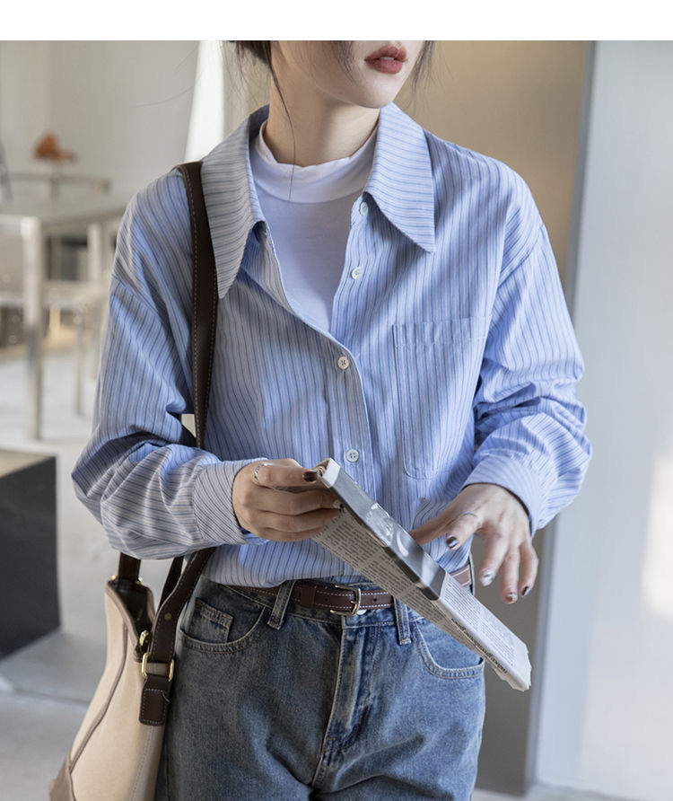 蓝色条纹衬衫女2025春秋新款设计感小众宽松显瘦春秋外穿长袖衬衣详情9