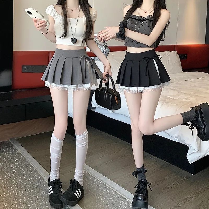 甜美纯欲风百褶半身裙女春夏新款蕾丝拼接蝴蝶结高腰防走光超短裙详情3