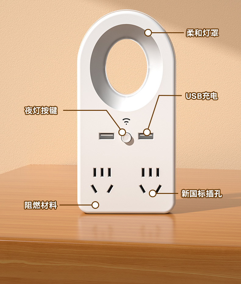 智能语音声控小夜灯带插座usb多功能插排家居LED柔光宿舍护眼台灯详情24
