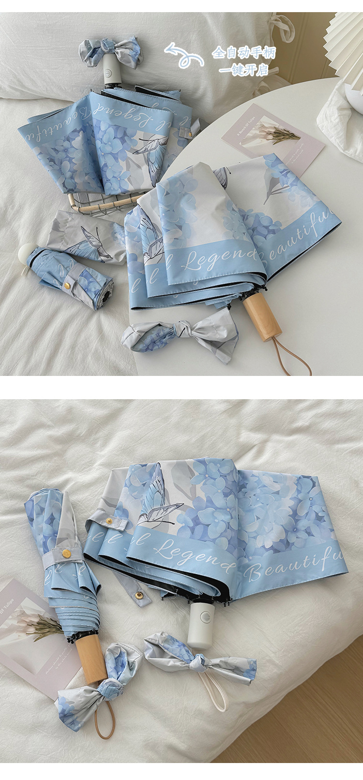 蓝色绣球花图案长柄伞色丁24骨雨伞定制一次性雨伞详情3