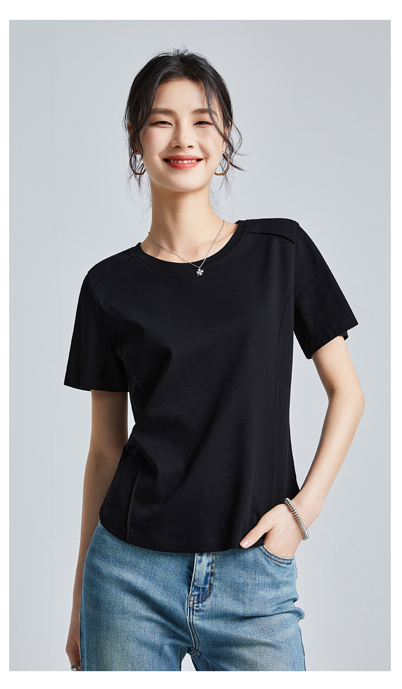 The same style of white short-sleeved off-the-shoulder T-shirt for women in the mall, 25 summer mercerized cotton round-neck base layer T-shirt, half-sleeved pic 36