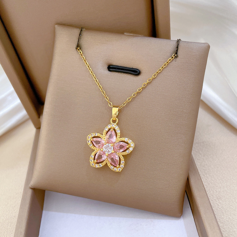 【钛钢】粉色五瓣花满钻轻奢气质华丽满钻项链女百搭锁骨链钛钢详情9