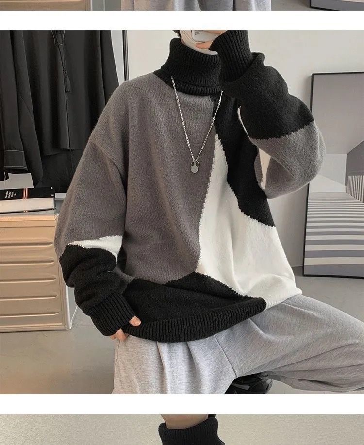 High-neck sweater for men, Hong Kong-style knitted sweater for both men and women, thick, trendy, loose and laid-back sweater for men in winter pic 12