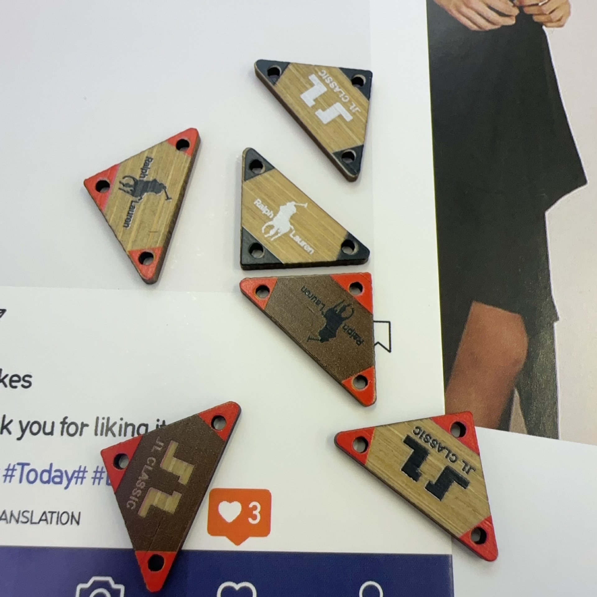 d jewelry accessories: Bamboo, wood, printed, handcrafted characters, wooden nameplates, solid wood buttons, various shapes in stock pic 12