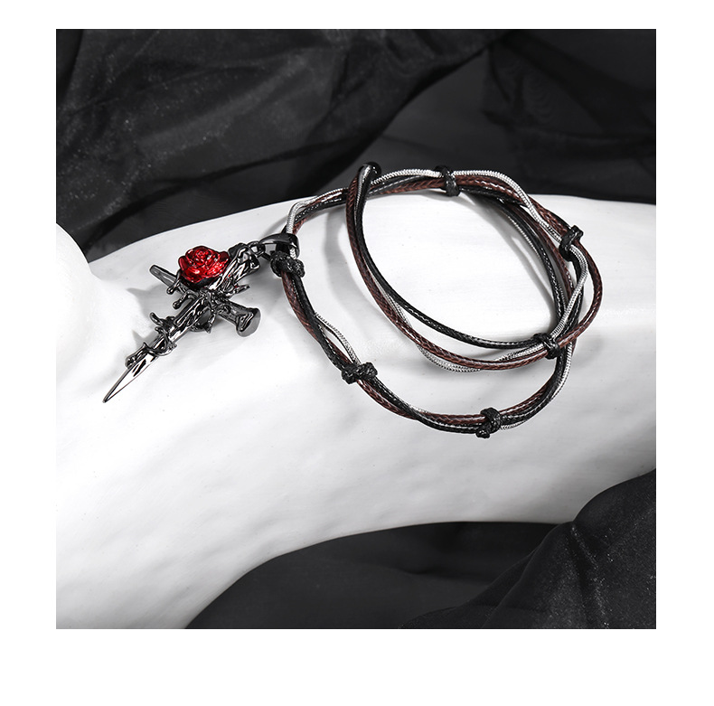 Dark Gothic style red rose entwined cross pendant necklace with a unique female design sense, black woven collarbone chain pic 12