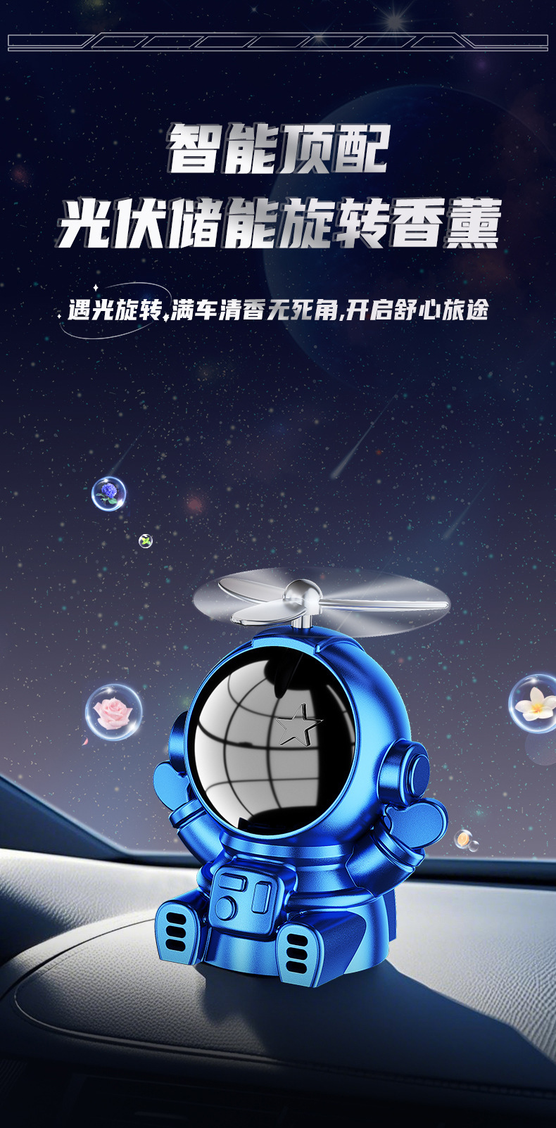新款太阳能车载摆件太空人三色旋转香薰持久散香创意设计车用装饰详情3