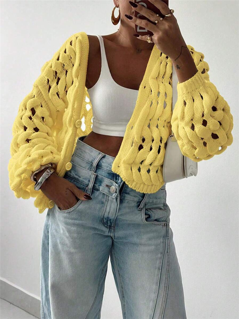 This cross-border Amazon knitted coat from Europe and America is a casual, hollowed-out button solid-color long-sleeved sweater with a strong sense of design pic 10