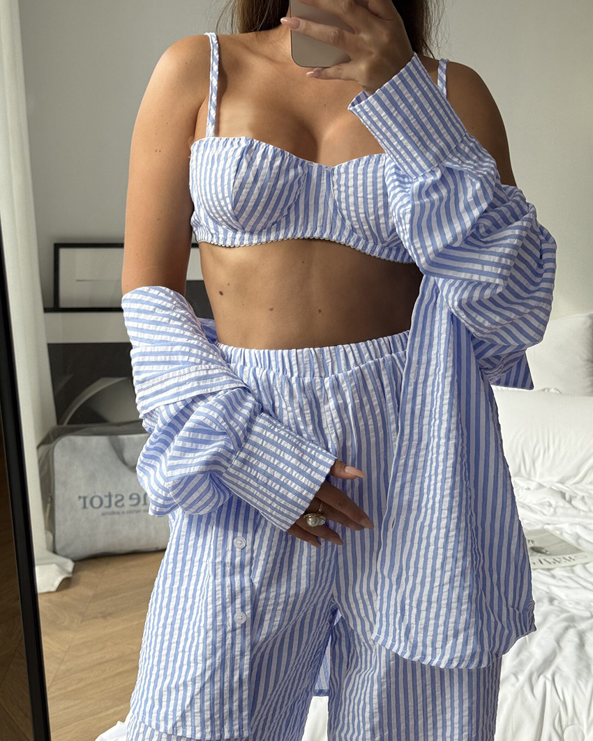 A new spring/summer striped three-piece pajama set from Europe and America, soft, loose and skin-friendly for women, suitable for cross-border wear in 2026 pic 44