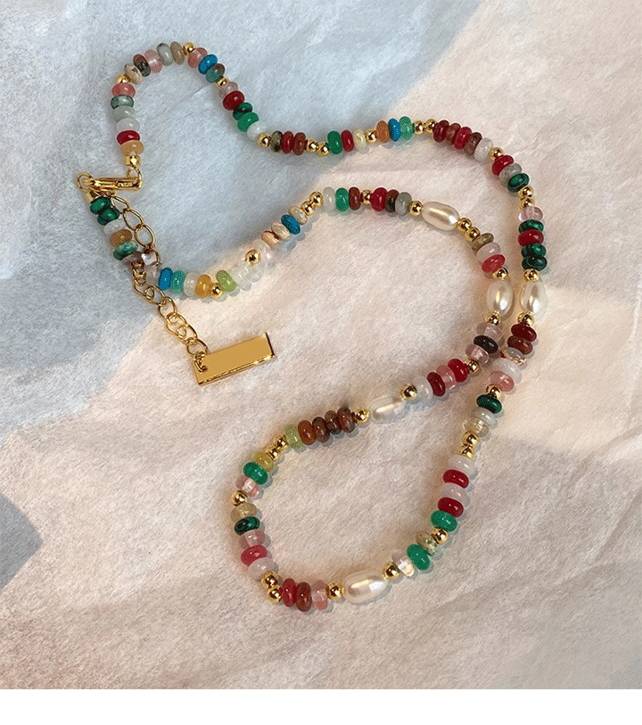 混色天然石米粒淡水珍珠彩色琉璃多巴胺串珠项链女高级感春夏颈链详情4