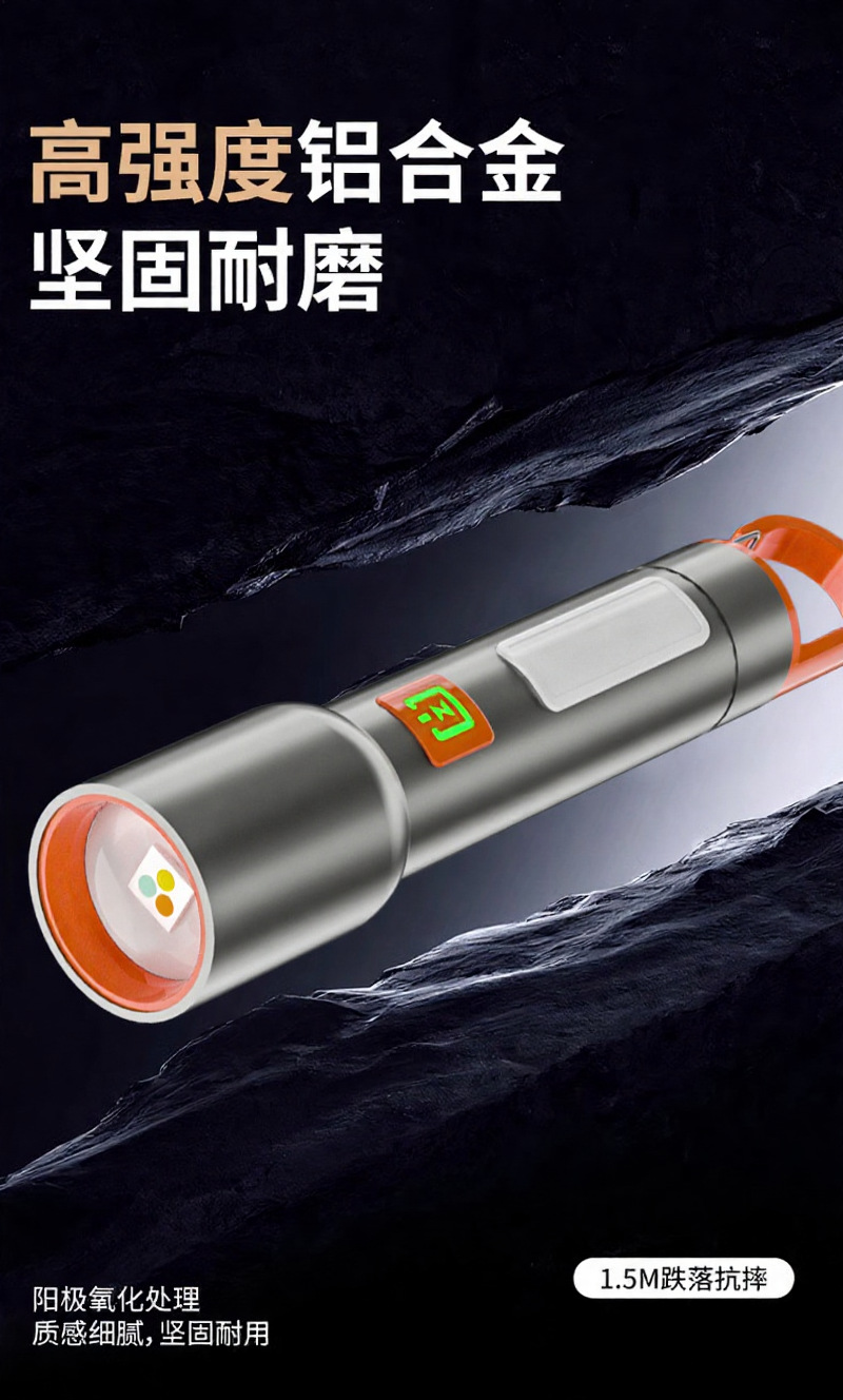 新款白红蓝三光源led手电筒强光远射长续航cob侧灯带挂钩充电手电详情17