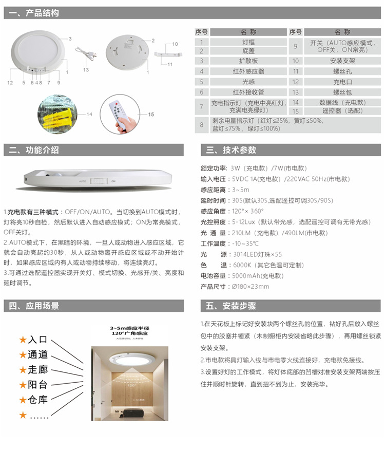 人体感应吸顶灯过道衣帽间阳台led 无线感应USB充电款带遥控器详情16