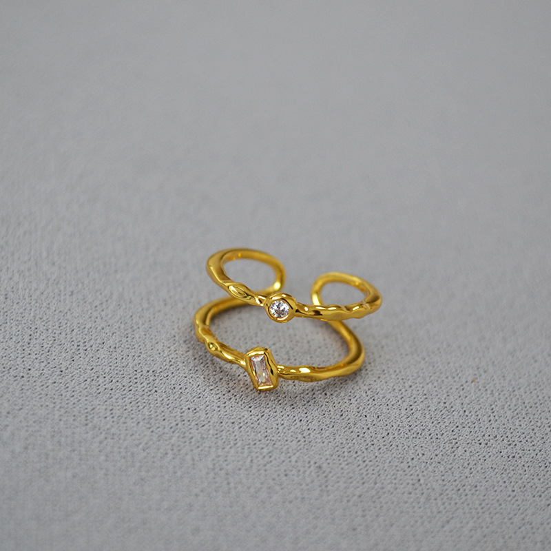 日韩小众简约黄铜镀金锤打纹理双层线条镶嵌锆石闪钻开口戒指女详情3