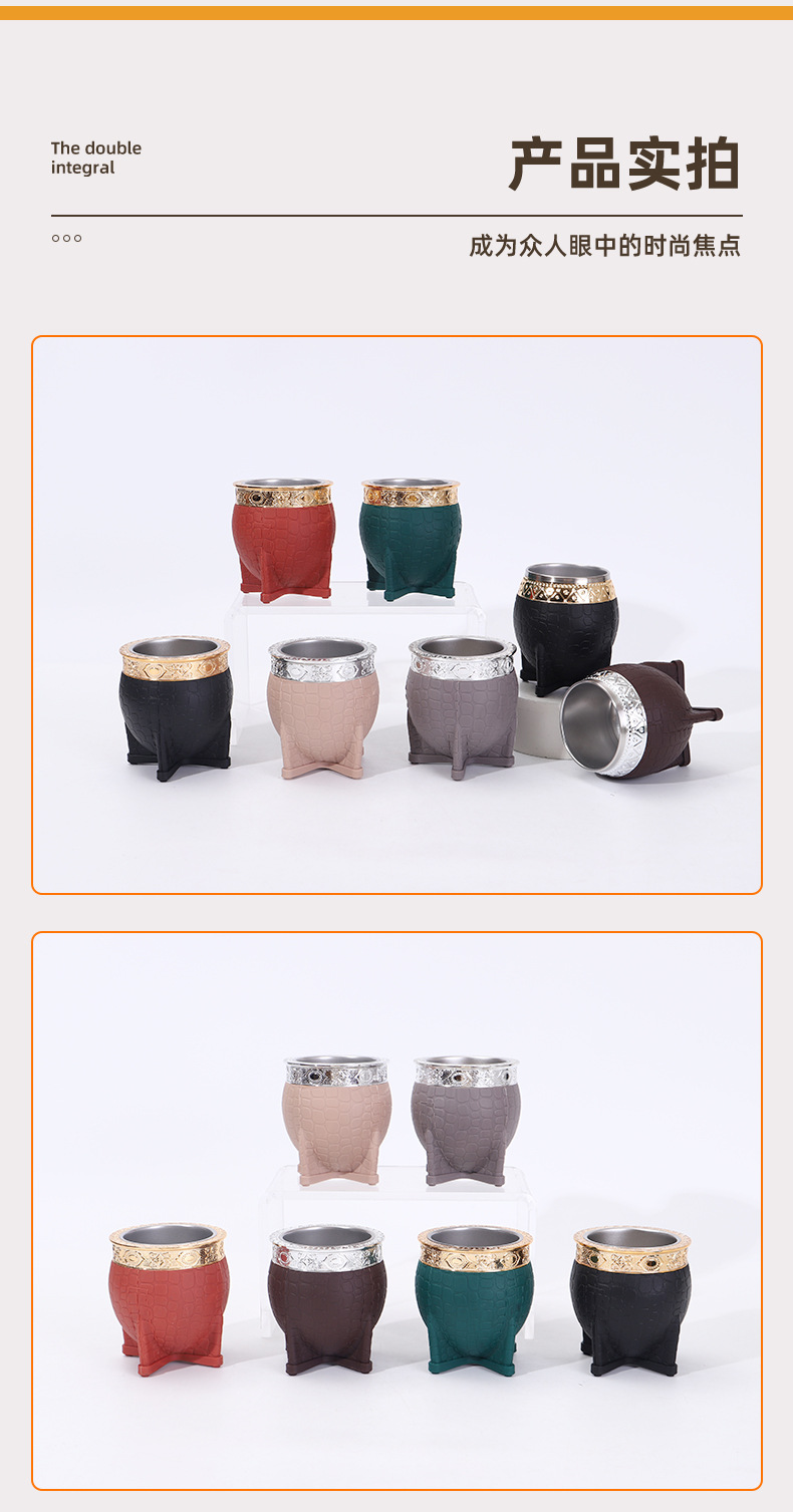 Amazon stainless steel mate cup, double-layer with straw, turtle shell texture, eggshell cup, creative Argentine insulated cup pic 9