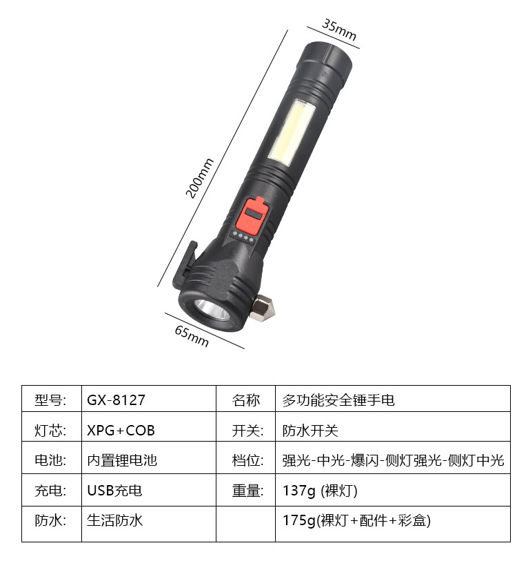 Cross-border new outdoor multi-functional cob camping lamp, auto repair work light, strong light safety hammer, magnetic flashlight pic 19