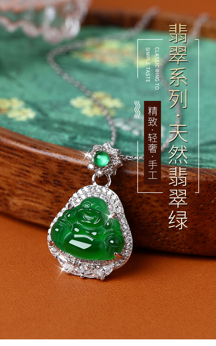 天然危料翡翠纯银S925弥勒佛吊坠项链小众设计新中式时尚佛公饰品详情3