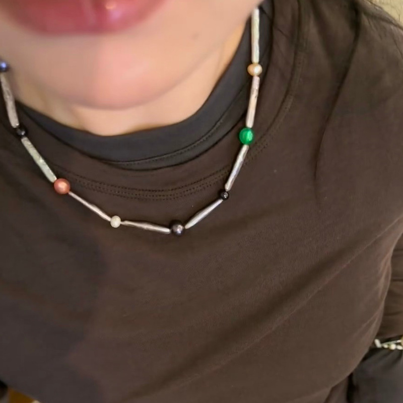 欧美轻奢高级小众设计天然珍珠搭配天然石串珠锁骨链个性精致时尚详情10