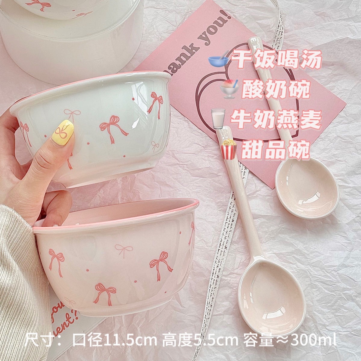 Cute household underglaze ceramic tableware with high appearance level, couple bowl set, dormitory rice bowl and spoon set pic 6