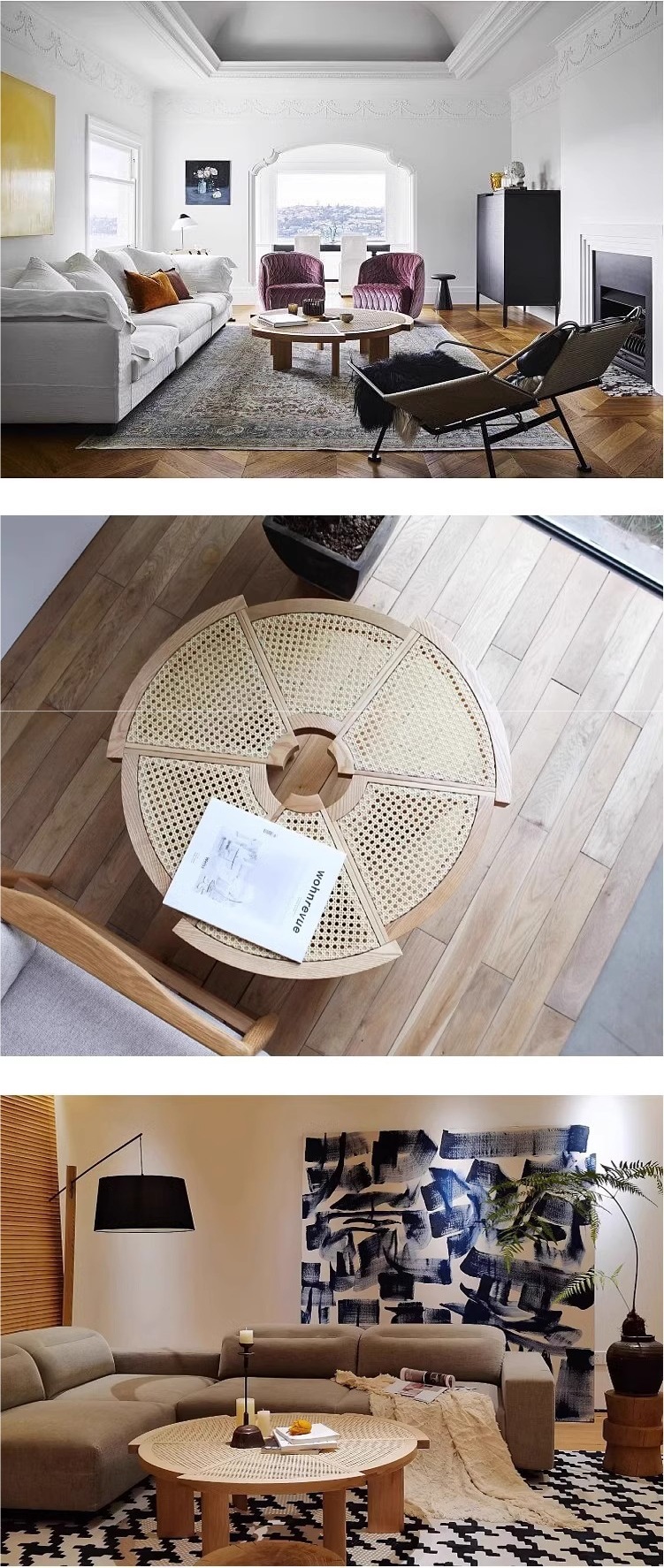 星辰工厂批发日式原木藤编茶几家用小户型圆形实木齿轮异形茶台矮桌侘寂风圆桌详情5