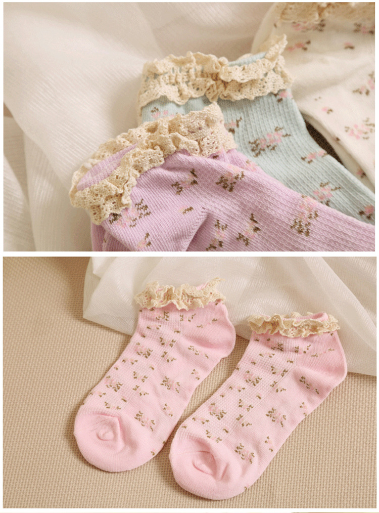 Calcetines barco mujeres verano fino pequeño floral encaje cordón calcetines día estilo idílico mujer calcetines de algodón al por mayor pic 4