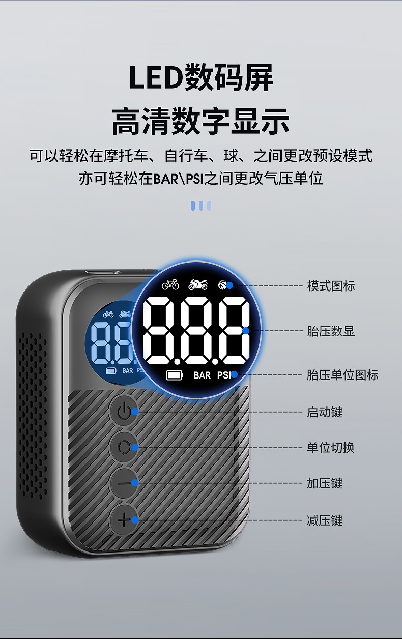 迷你山地公路自行车充气泵口袋便携式手持智能无线充气泵露营骑行详情6