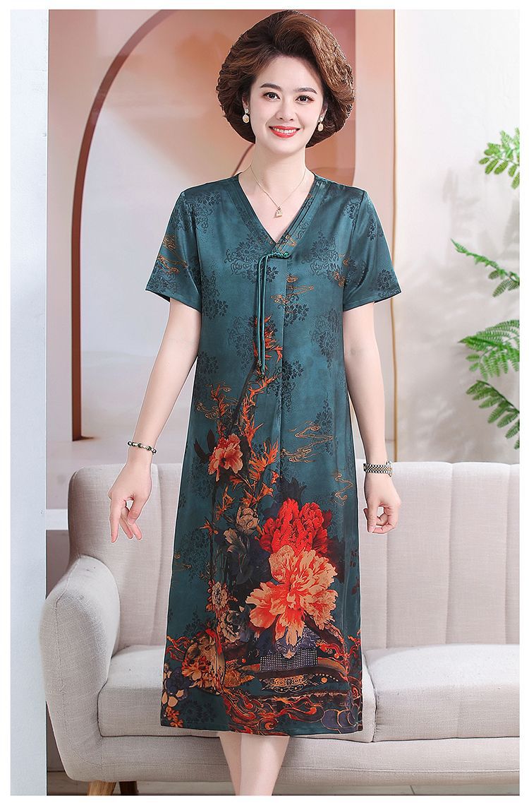 Mom 2024 New Chinese-style faux silk summer New printed dress, a loose and stylish mid-length dress for middle-aged and elderly people pic 12