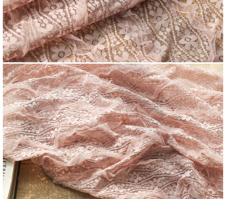 Lace wavy curved mesh fabric with black ear edge embroidery, small flower striped hook embroidery spring and summer forest-themed fabric in stock pic 17