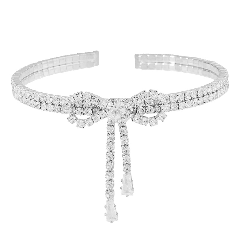 Korean InS-style bow diamond-encrusted bracelet with adjustable tassel opening elasticity, cross-border fashion design sense, rhinestone zircon claw chain pic 9