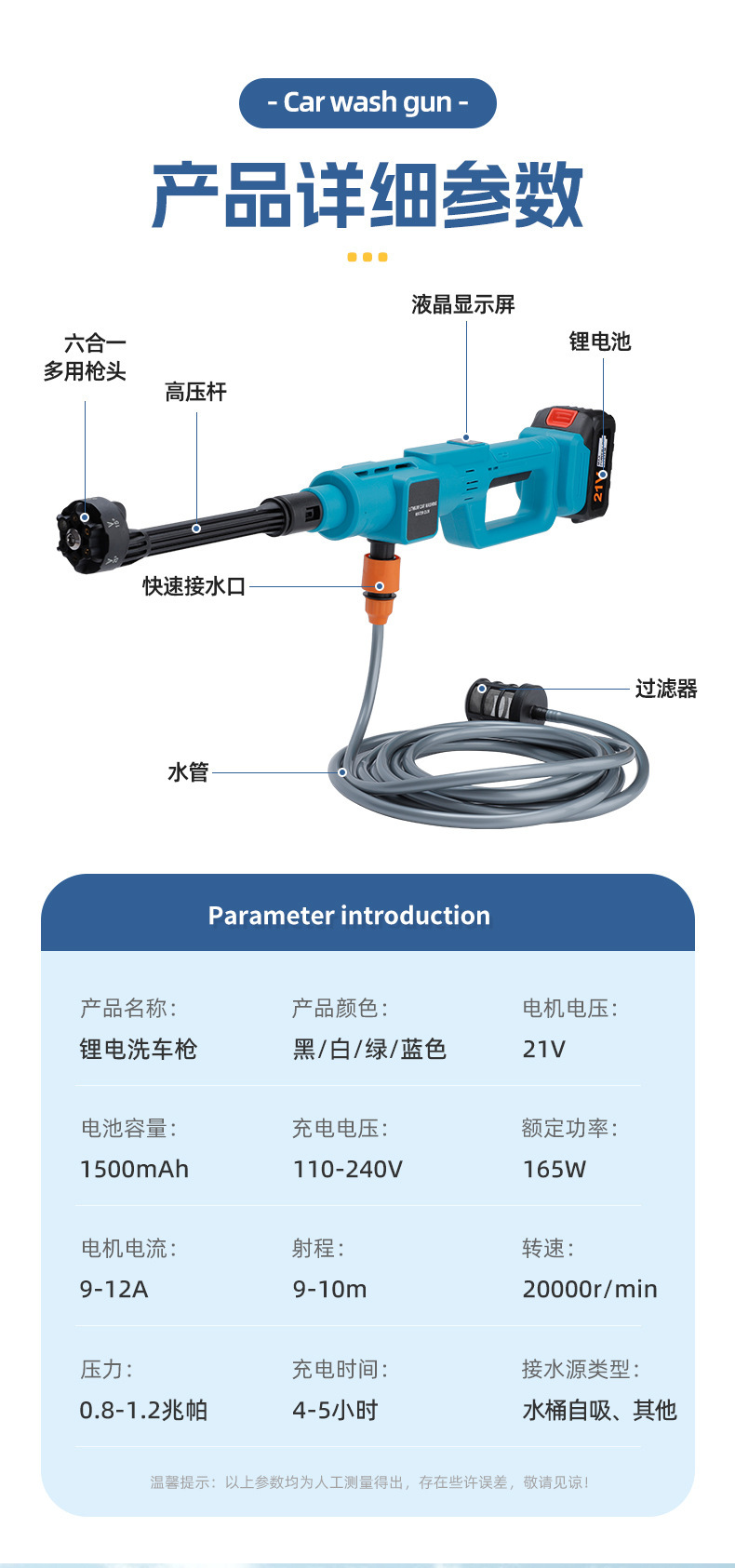 Wireless high-pressure car wash water gun, household portable car wash machine, high-power water pump, rechargeable lithium battery car water gun pic 3