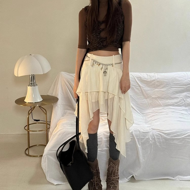 This French retro design irregular skirt is a rare high-waisted, versatile mid-length skirt for women in spring and autumn pic 1
