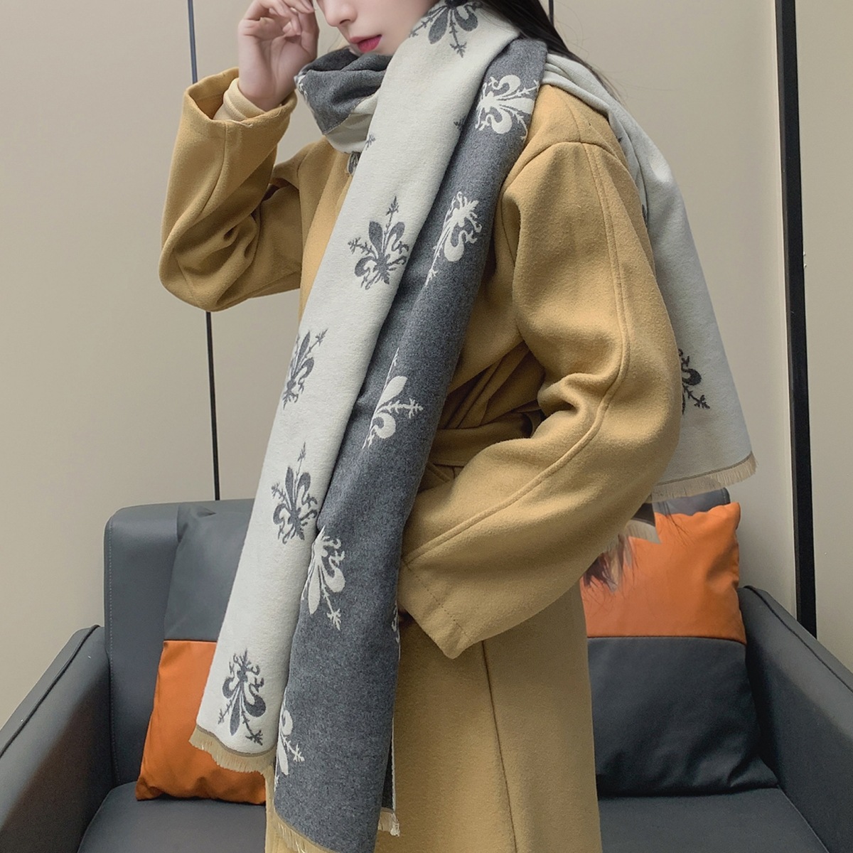 围巾女冬季欧美风格佛罗伦萨鸢尾花披肩加厚百搭双面保暖围脖保暖详情33