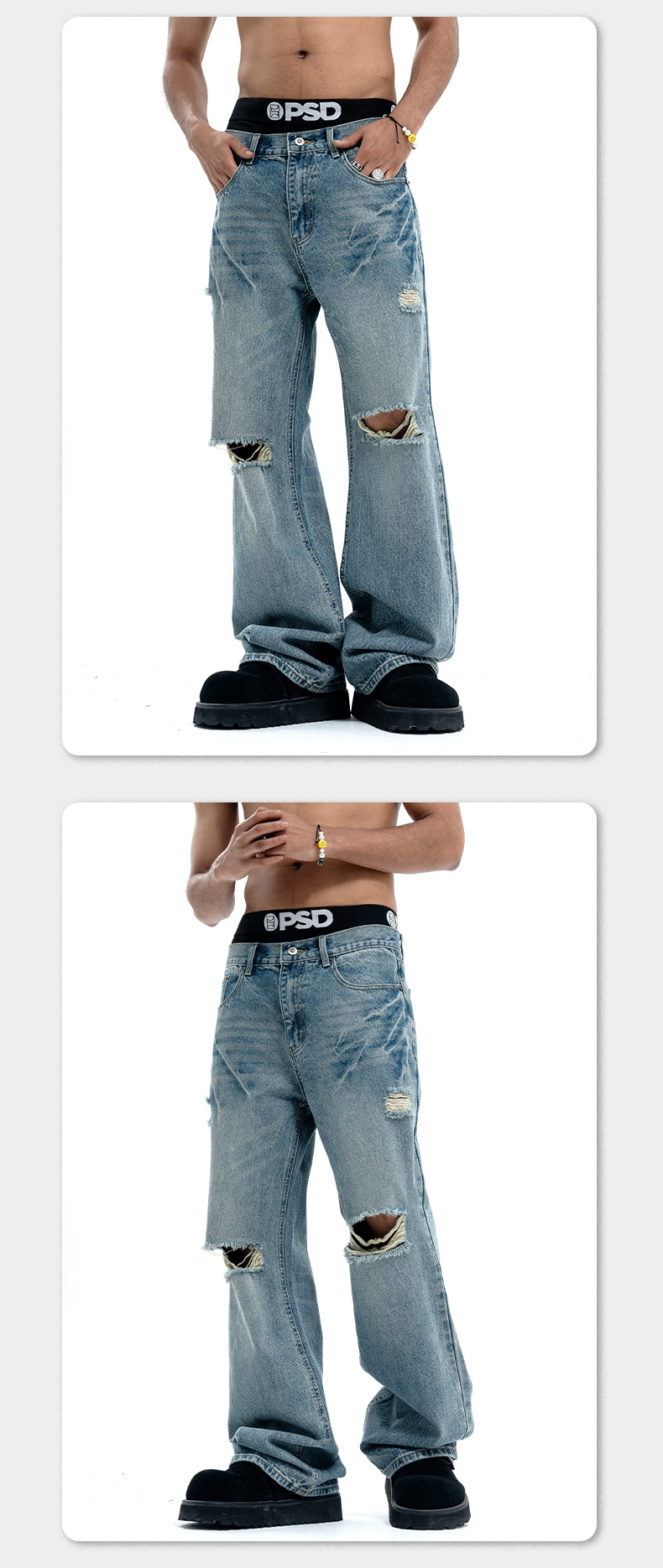 LAWFOO美式复古破洞牛仔裤男女水洗做旧宽松阔腿直筒潮牌高街裤子详情10