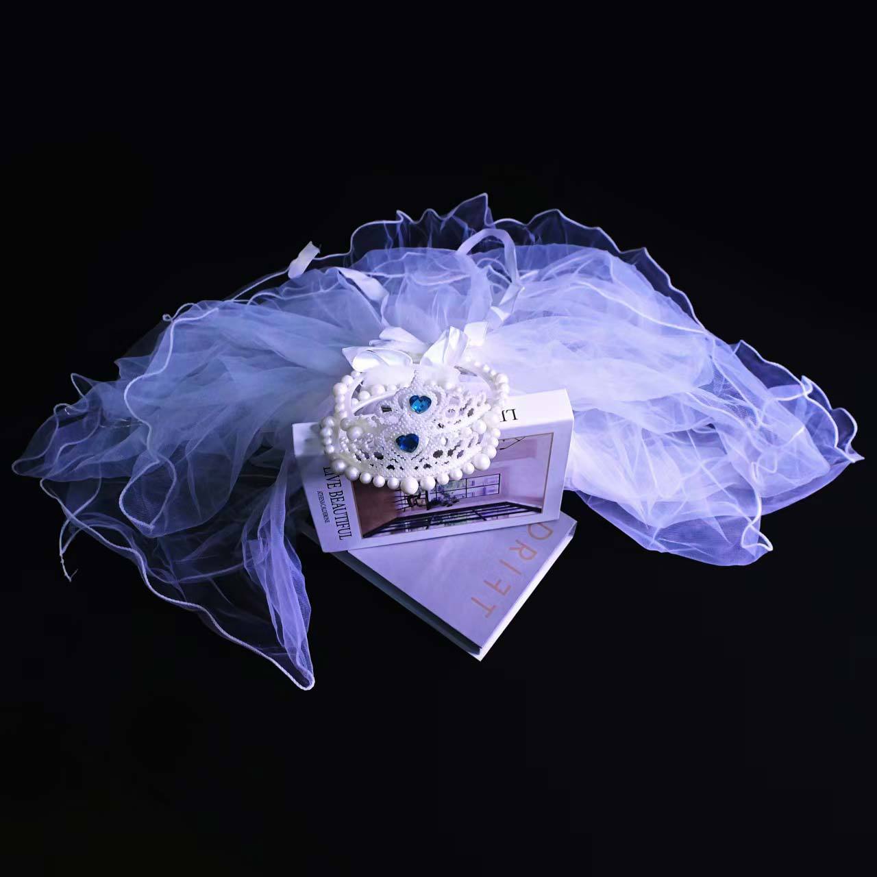 女童皇冠 蓝色王冠游乐园发饰 冰雪公主发光流苏珍珠头纱夜市热卖详情8