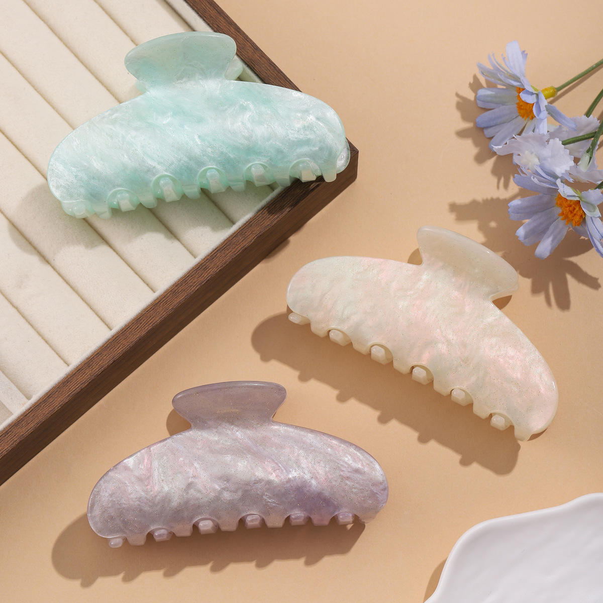 韩版时尚星空亚克力抓夹女式顶夹头饰闪粉糖果色高马尾发夹批发详情1