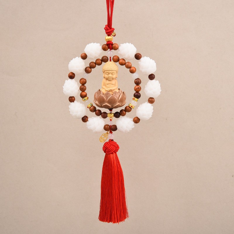 The new Lotus car pendant features a woven double-loop creative little Buddha for peace, a car rearview mirror pendant made of boxwood with a national trend pic 9