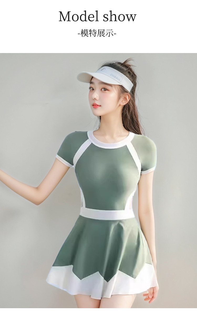 Green one-piece swimsuit models showcase long-sleeved, sexy backless sportswear for women. Summer sun protection fabric 107060 pic 6