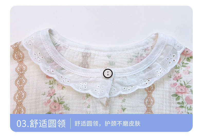 夏季儿童纯棉A类纱布睡衣 女童薄款花边开衫家居服套装 童装两件套纱布清凉睡衣详情11