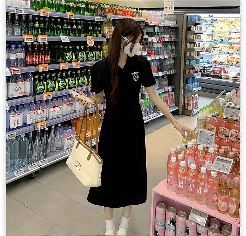 夏季POLO领短袖连衣裙女收腰显瘦过膝长裙学院风中长款休闲A字裙详情21