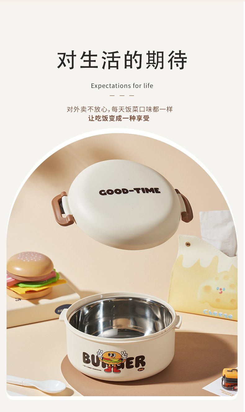 卡通汉堡不锈钢保温饭盒 可微波炉加热保鲜饭盒 多层便携密封餐盒详情13