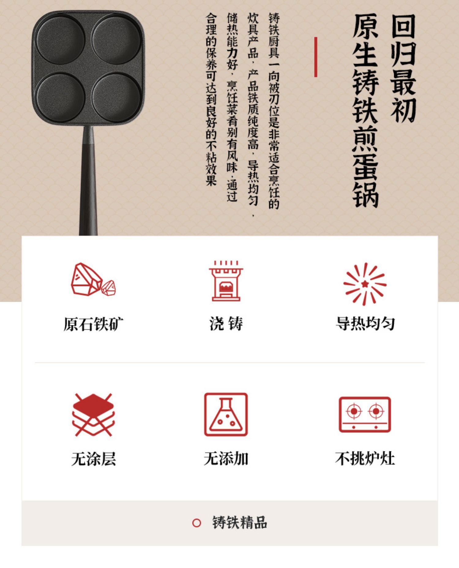 加厚早餐鸡蛋汉堡煎蛋锅无涂层四孔铸铁平底锅加深煎饺锅多格锅详情1