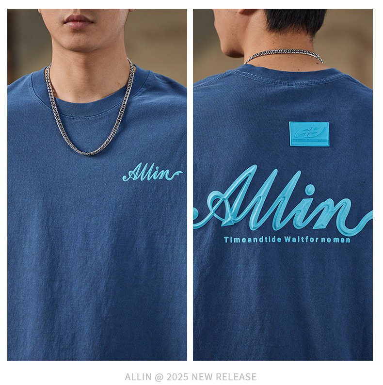 ALLIN pure cotton heavy-duty short-sleeved T-shirt for men, a summer trendy brand with three-dimensional printed letters and loose round-neck couple tops pic 48