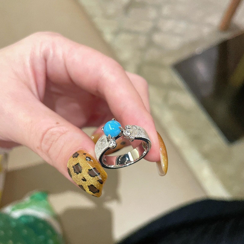 Retro new Chinese-style brushed four-prong turquoise ring, hand-brushed satin design, small and exquisite traditional Chinese style ring pic 6