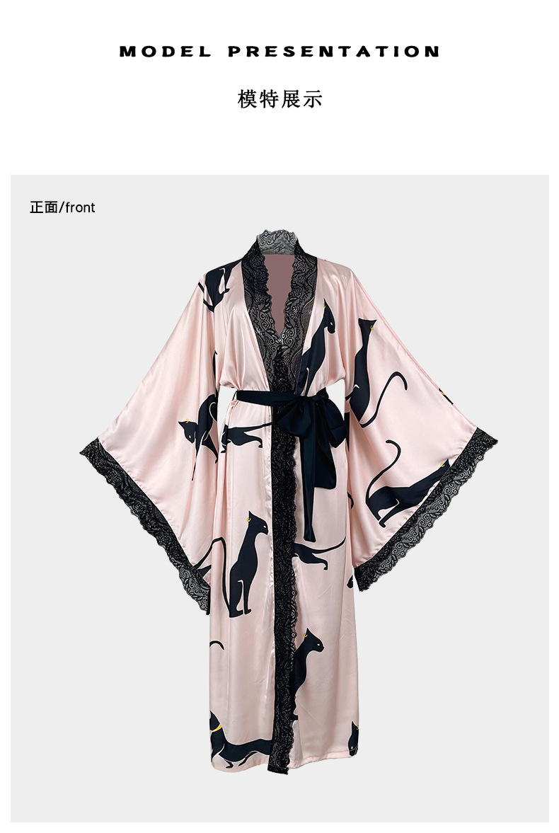 Feiyun retro leopard print lace patchwork sexy long bathrobe Pink silk lace-up Home gown 943 pic 13