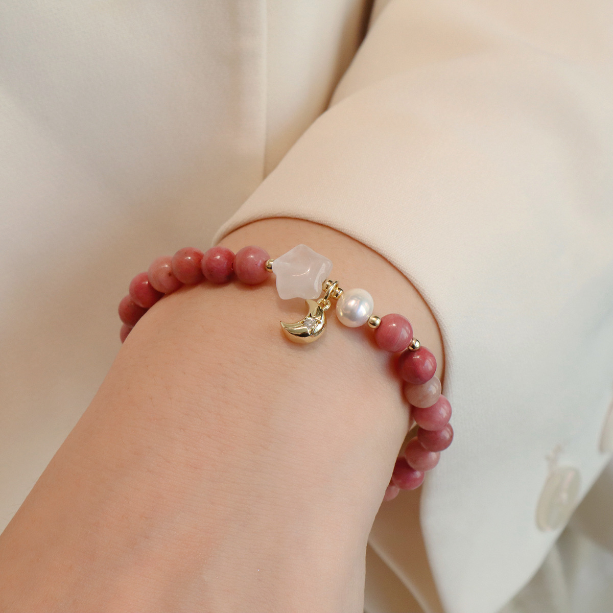 红纹石手链天然淡水珍珠玉髓高级感天然石手串女平安扣星星设计详情21