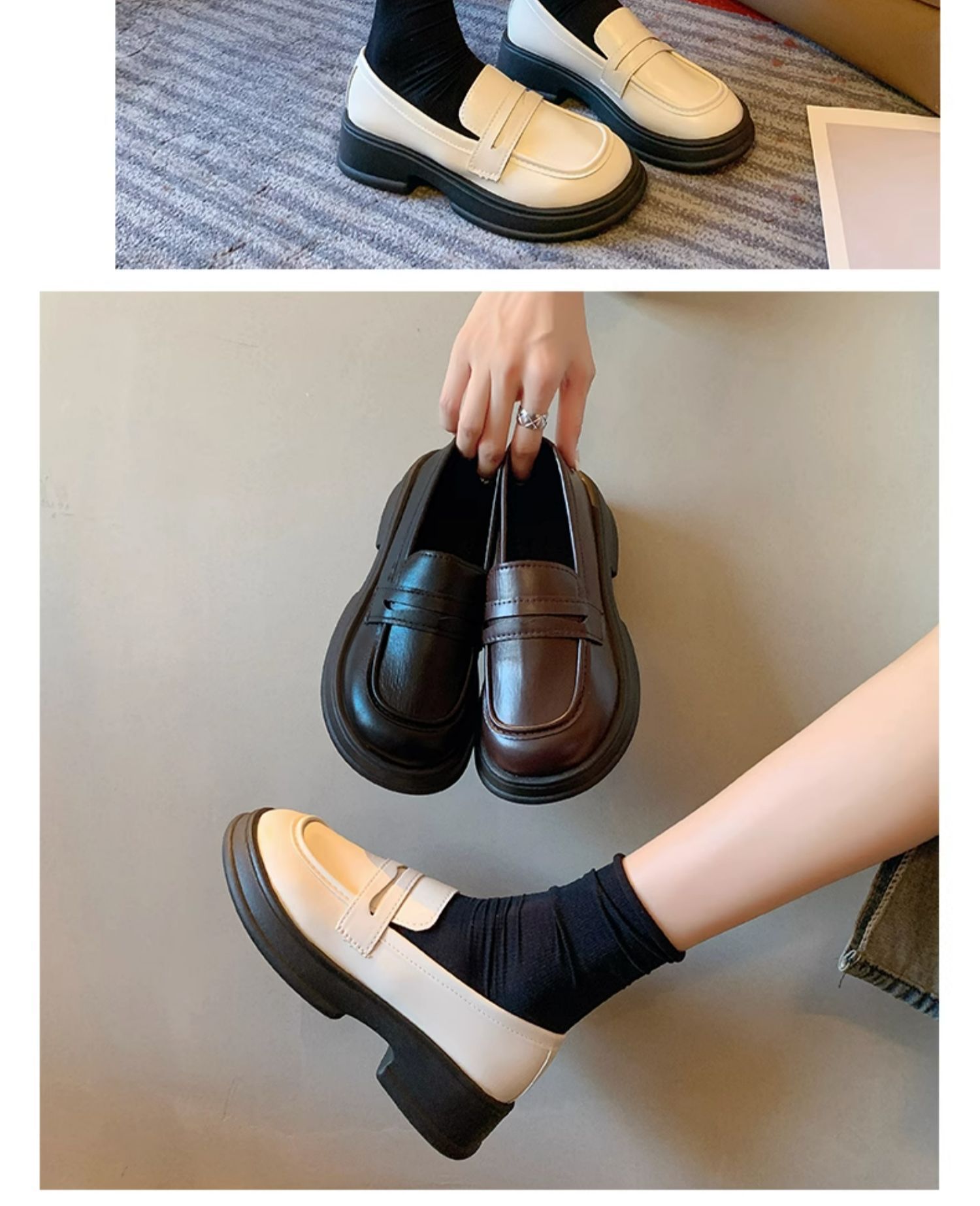 The new 2024 autumn collection of Japanese-style small leather shoes for women features a black thick-soled loafer with a British style, paired with a single jk uniform shoe pic 11