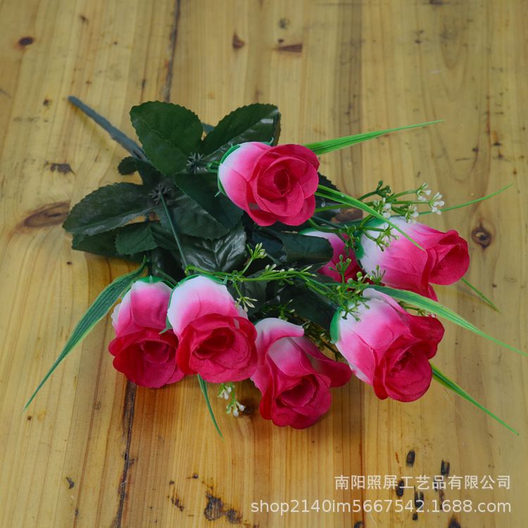 照屏仿真花厂家批发仿真玫瑰花仿真绢花七头春蕾把花小假花花束详情12