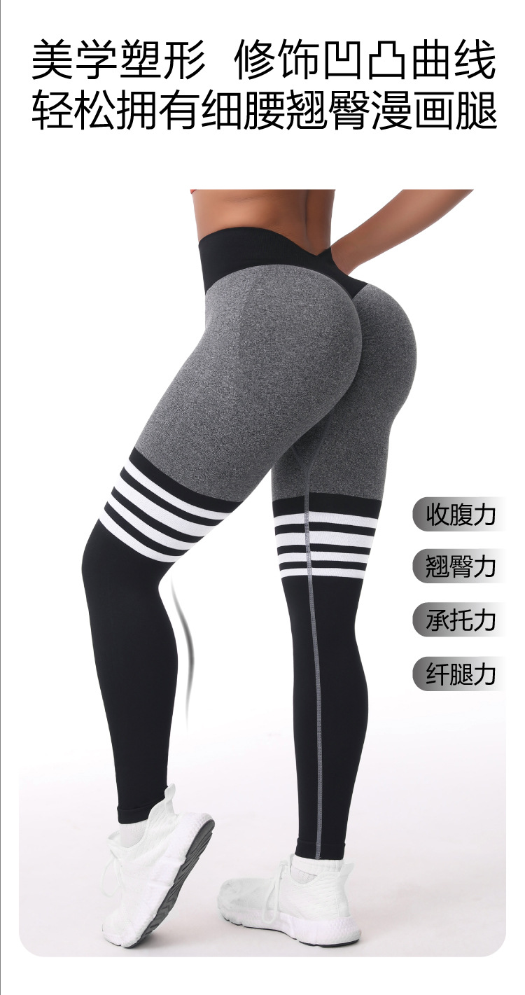 跨境高腰紧身运动健身长裤女 瑜伽裤无缝条纹设计 蜜桃瑜伽提臀裤 瑜伽服丝袜款式 舒适透气健身裤详情4