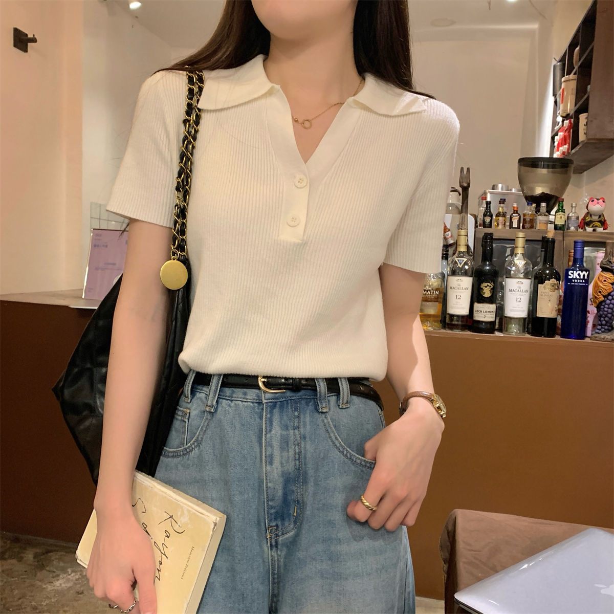 韩系坑条针织T恤夏季修身显瘦polo翻领正肩短袖女上衣气质打底衫详情12