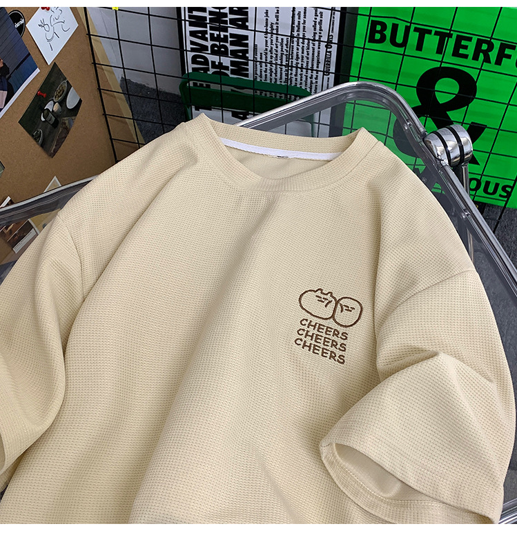 Waffle large-sized short-sleeved T-shirt for men, summer Korean style trendy clothing, printed loose half-sleeved American heavyweight T-shirt pic 12