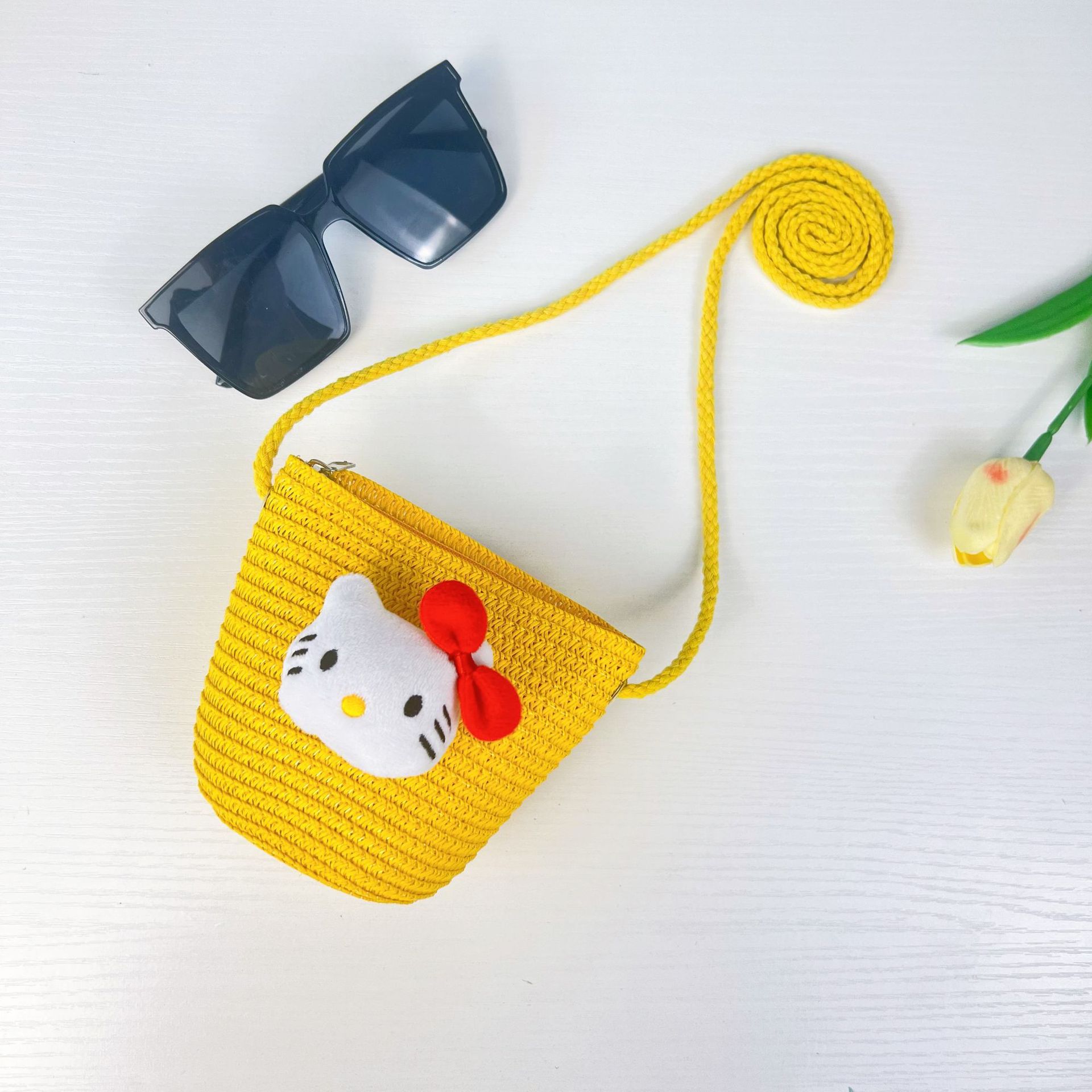 儿童手工编织包包可爱卡通猫草编小包男女童小圆包宝宝零钱包批发详情8