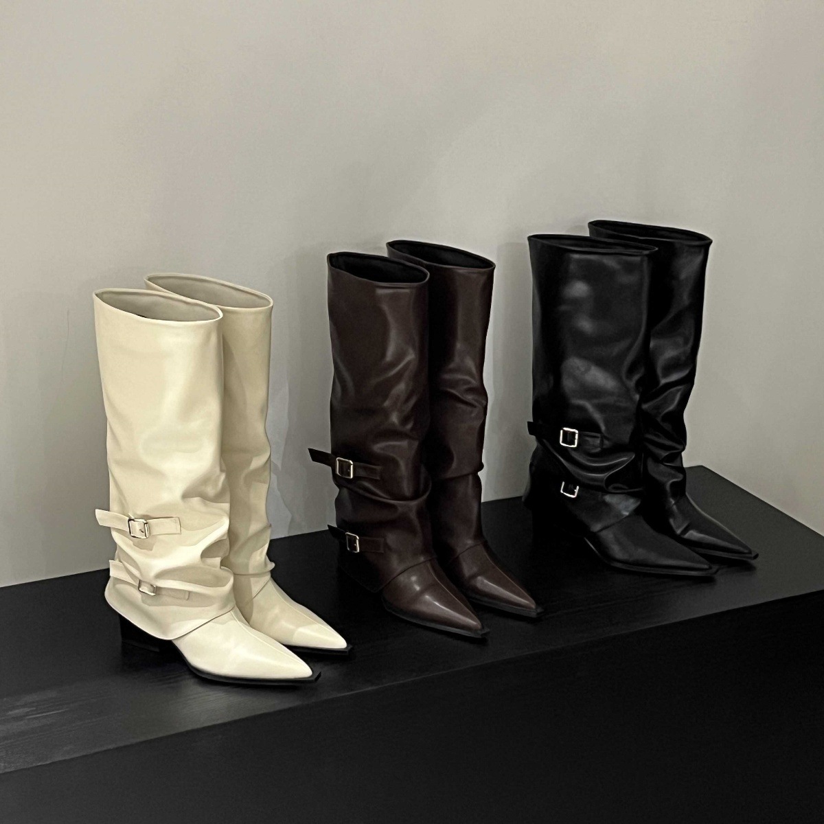 皮带扣~裤筒靴粗跟靴子长靴女欧美辣妹高筒靴尖头黑色裤管靴炸街详情3